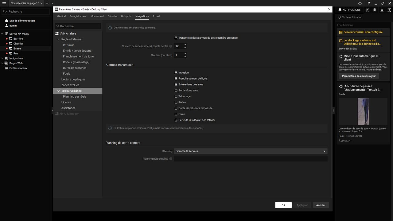 Réglages de télésurveillance d'une caméra dans Nx Witness avec le greffon IA-N Analyse